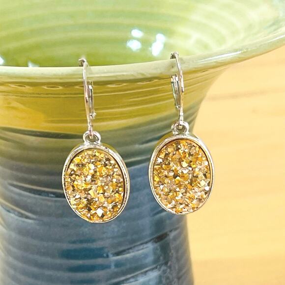 Vtg Joan Rivers Earrings Gold Druzy Quartz Classics Collection SIlver Tone Oval - Picture 2 of 5